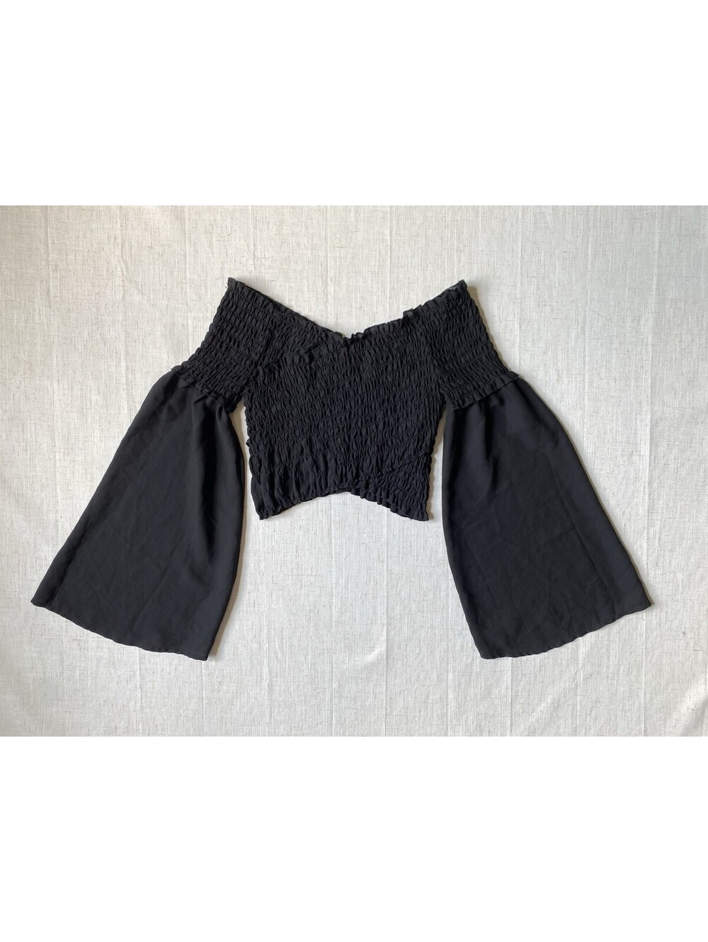 Ambiance Black Smocked Off Shoulder Crop Top Blouse Bell Sleeve Boho Womens Sz S